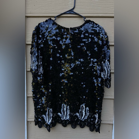 Oleg Cassini 100% Silk Sequins Evening Blouse Top Black - Picture 3 of 8